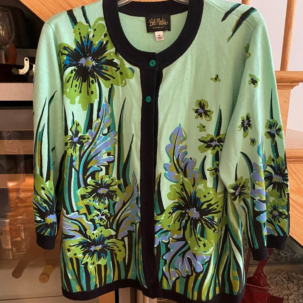 Bob Mackie Wearable Art Sweater - XL NEW with tags  Mint Green with Black Trim